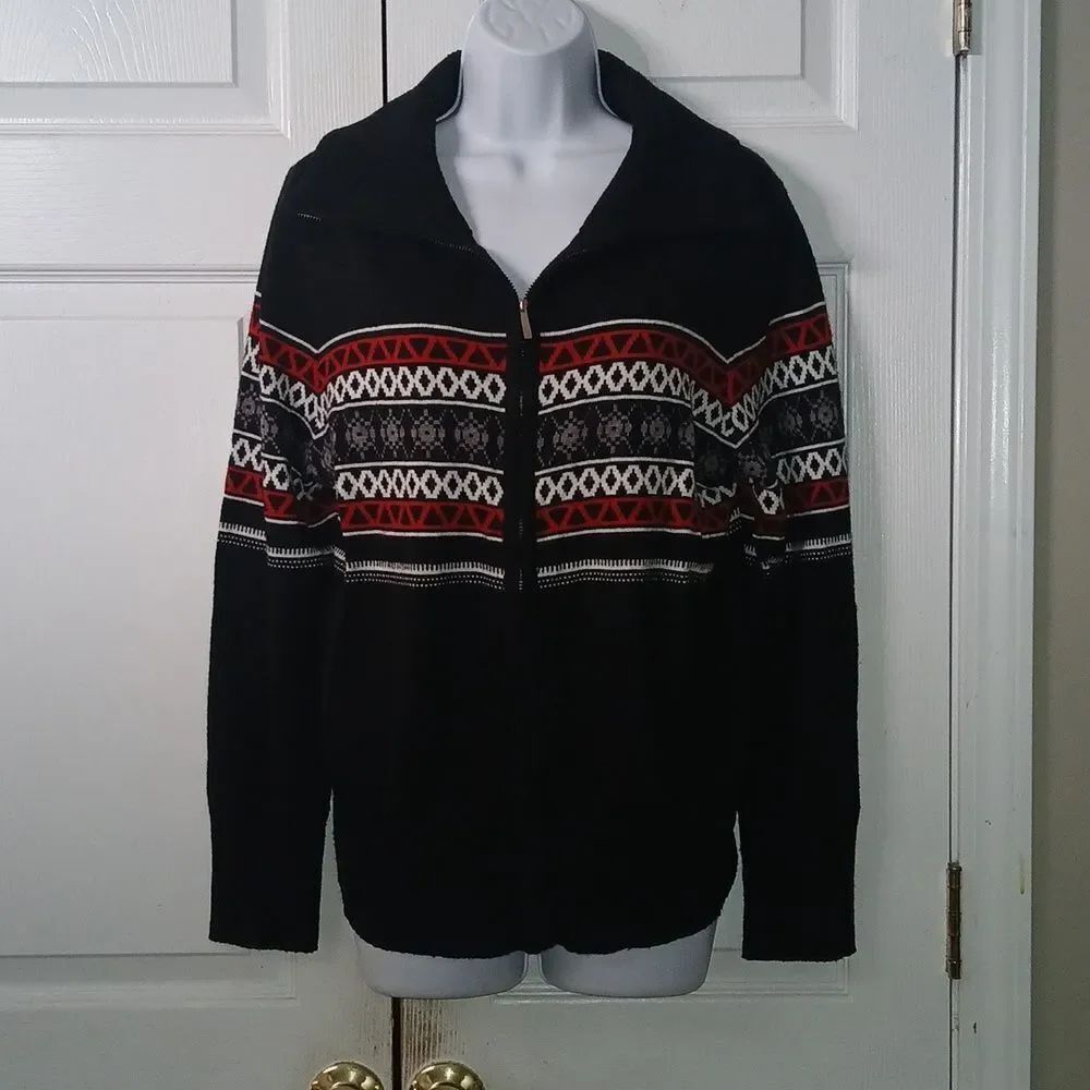 Josephine Chaus black red white zip up sweater cardigan Sz L NWOT